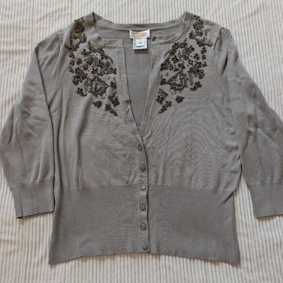Talbots Sweaters - Talbots half button beaded cardigan gray and black Large EUC 3/4 sleeve